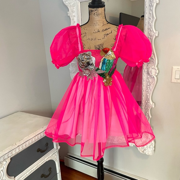 SALE New York Couture SHEER NEON PINK Sequin Detail Puff Sleeve Dress - Picture 1 of 6